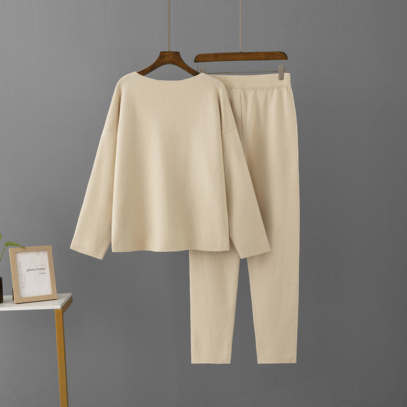 Women's Off-Shoulder Woolen Pants and Loose Knit Top Set