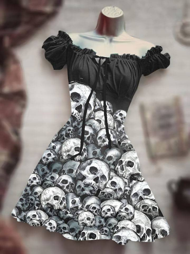 Women’s 3D Skull Print Halloween Dress | Short Sleeve A-Line Party Skirt