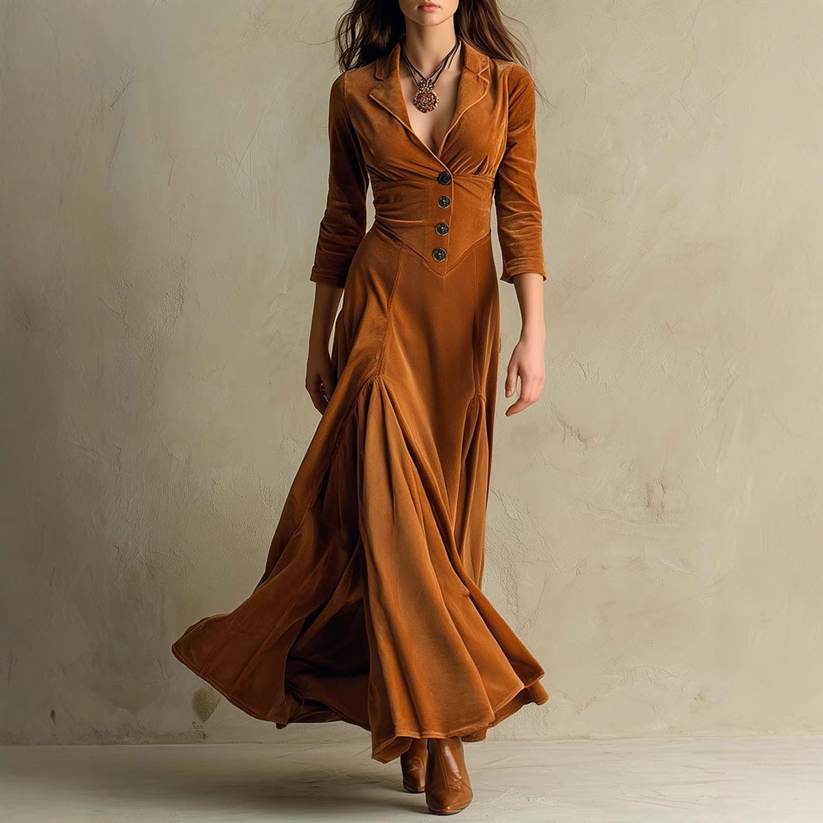 Women's Solid Color Lapel Button Maxi Dress with Waist Expansion