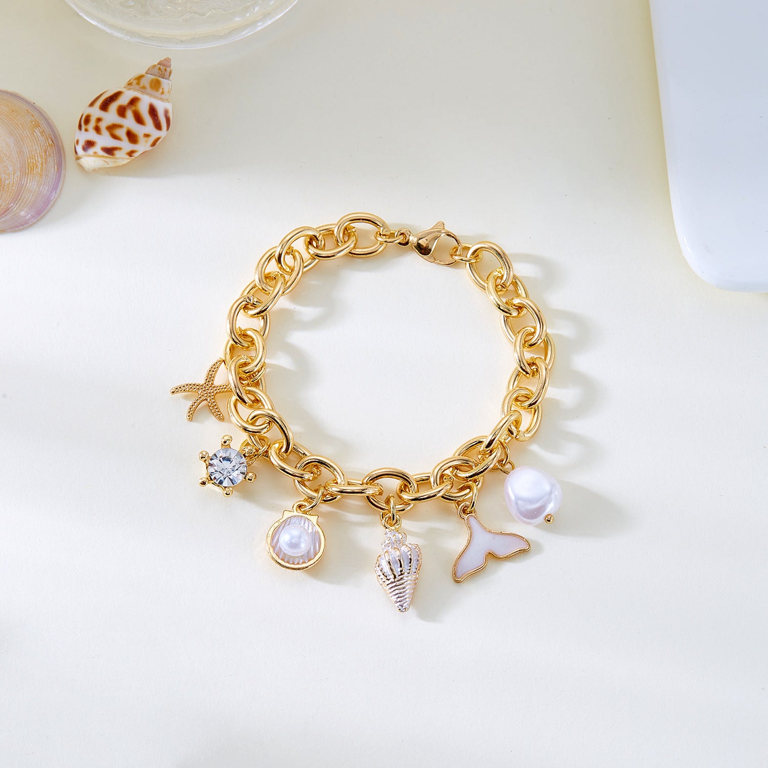 Women's Fashion Starfish Pearl Shell Fishtail Multi-Pendant Necklace & Bracelet Set