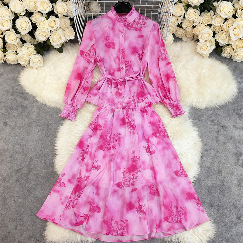 Printed Long-Sleeve Top & Skirt Set – Vacation Style Outfit for Women