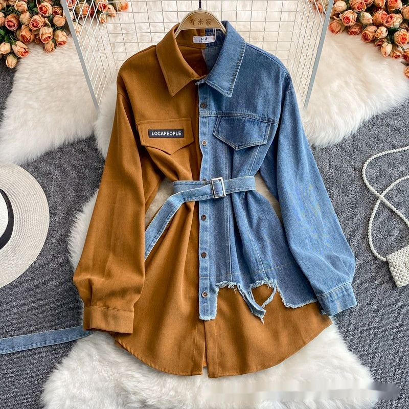 Denim Stitching Lapel Dress | Waist-Slimming Mid-Length Shirt Dress for Women