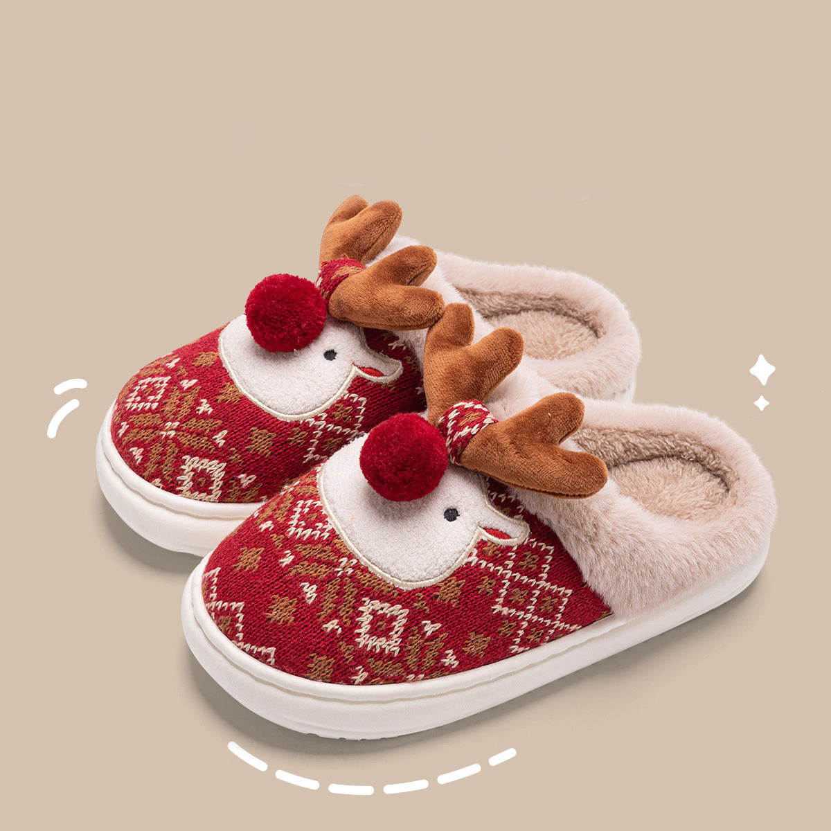 Cute Christmas Elk Plush Slippers – Fuzzy Winter Non-Slip Home Shoes for Women