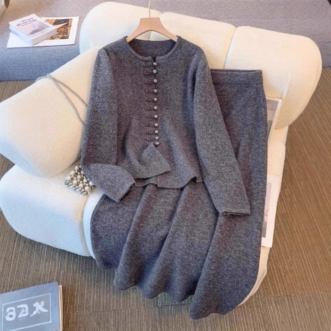 Women’s Chinese-Style Solid Color Sweater & Mid-Length Dress Set