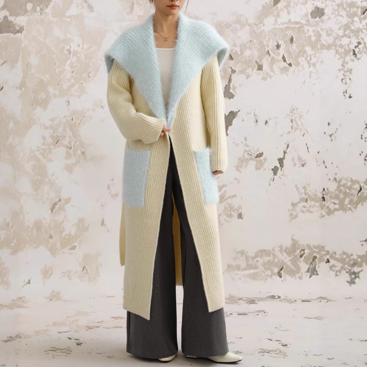 Fur Collar Long Knitted Cardigan – Women's Loose Overcoat Sweater