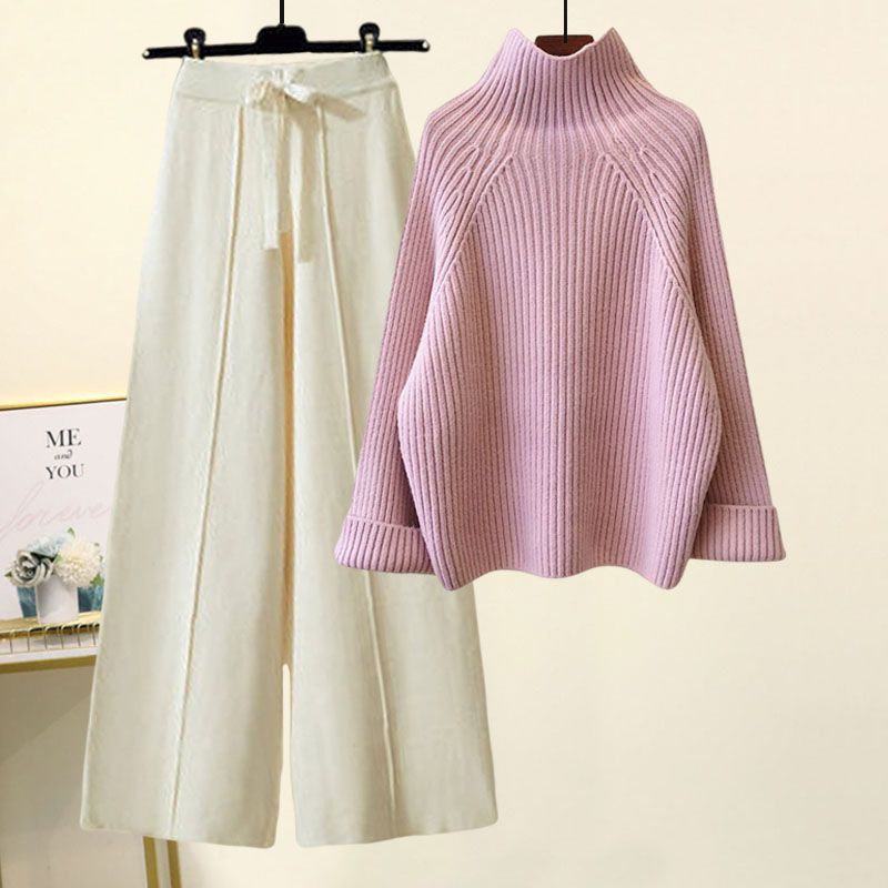 Sweater Lace-Up Cropped Top & Wide Leg Pants Set – Women’s Suit