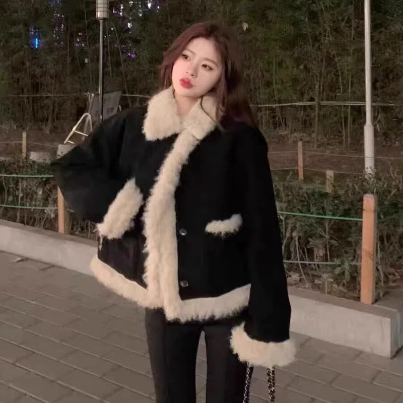 Women’s Lamb Wool Coat | Black Long Sleeve Winter Outerwear