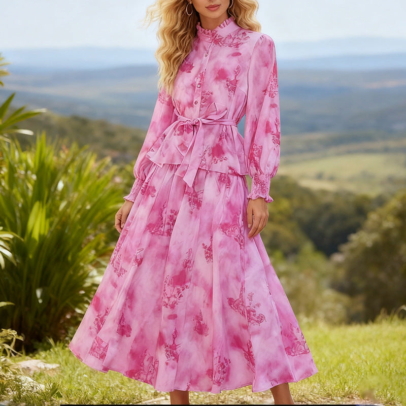 Printed Long-Sleeve Top & Skirt Set – Vacation Style Outfit for Women