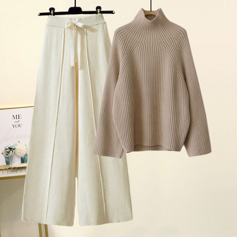 Sweater Lace-Up Cropped Top & Wide Leg Pants Set – Women’s Suit