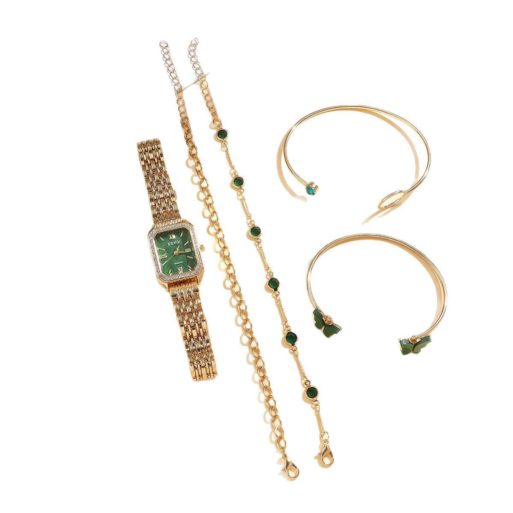 Wild Emerald Square Steel Watch & Butterfly Bracelet 5-Piece Gift Set