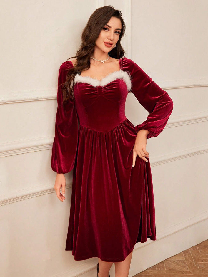 Women’s Vintage Red Velvet Christmas Party Dress – Elegant Long Sleeve Square Collar