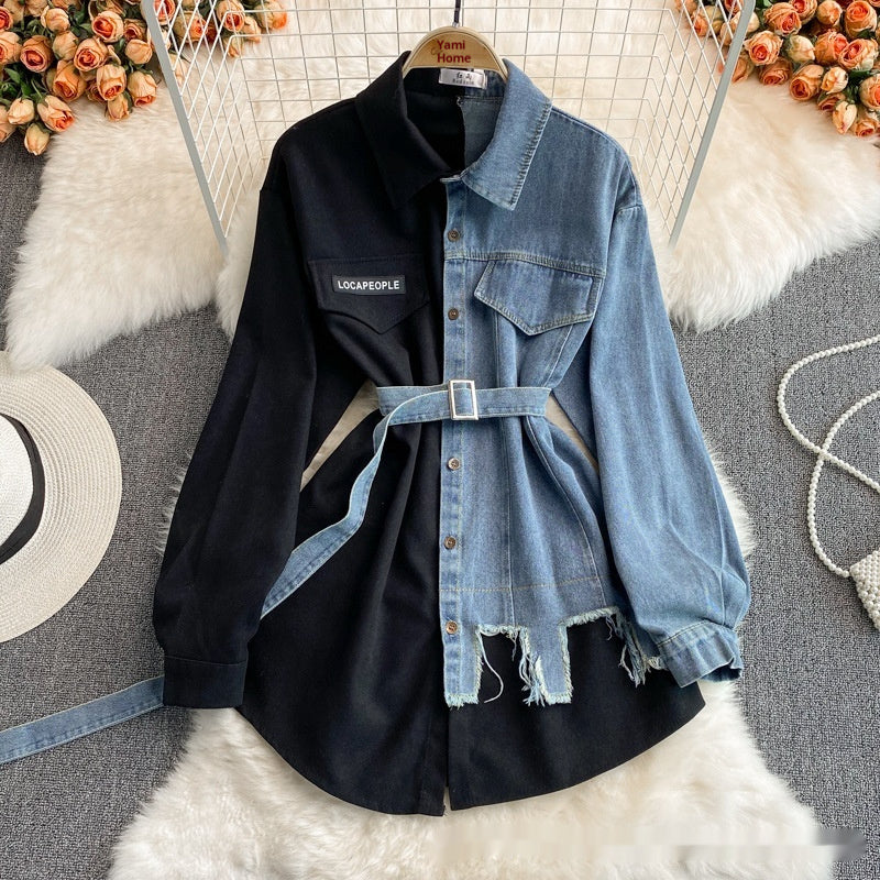 Denim Stitching Lapel Dress | Waist-Slimming Mid-Length Shirt Dress for Women