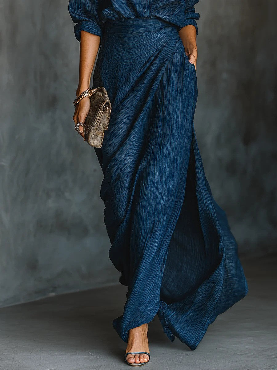 Elegant Pleated Belted Dress – Graceful Solid Color Irregular Hem Design