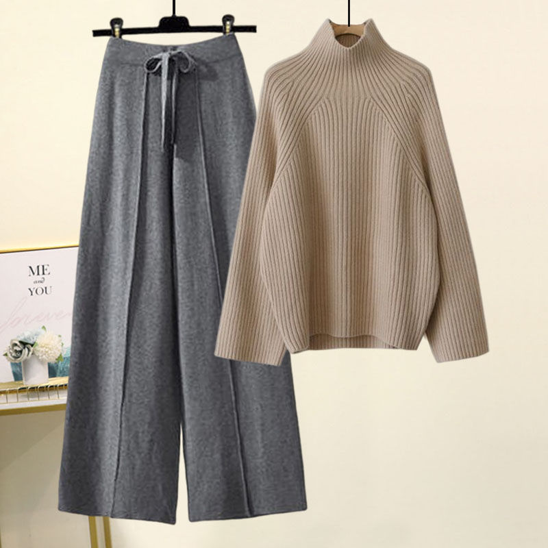 Sweater Lace-Up Cropped Top & Wide Leg Pants Set – Women’s Suit