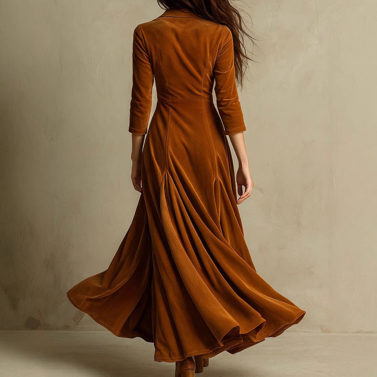 Women's Solid Color Lapel Button Maxi Dress with Waist Expansion