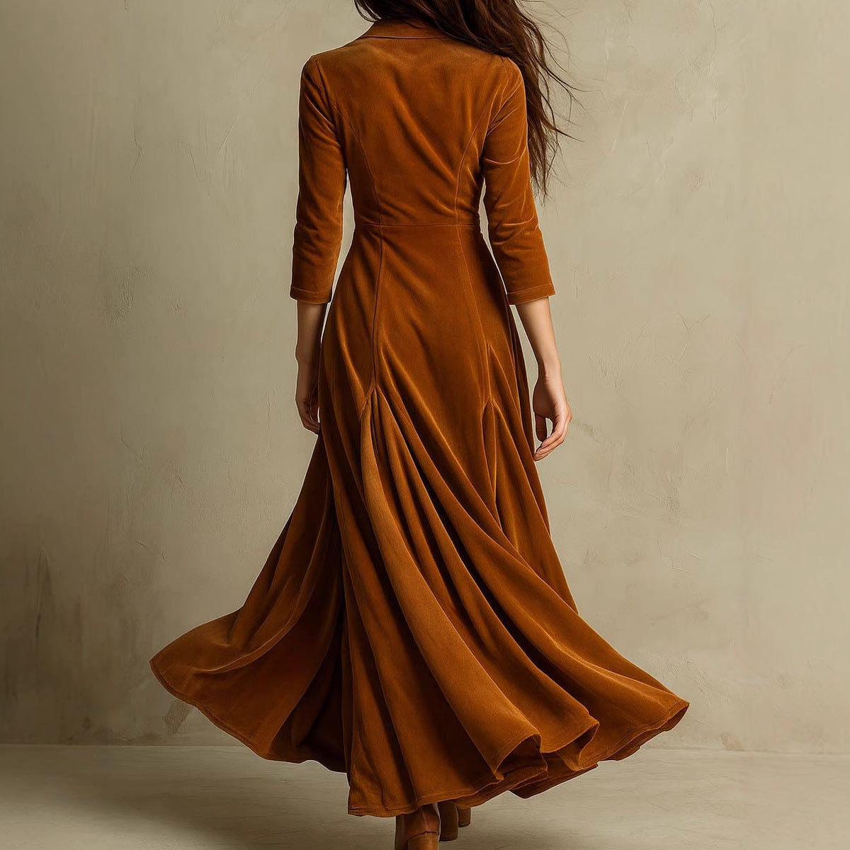 Women's Solid Color Lapel Button Maxi Dress with Waist Expansion