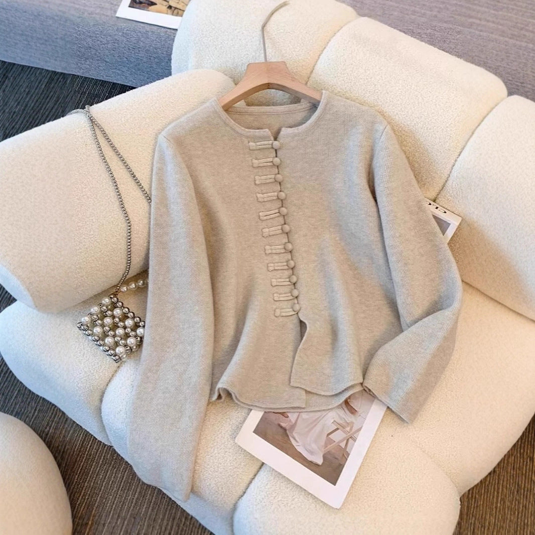 Women’s Chinese-Style Solid Color Sweater & Mid-Length Dress Set