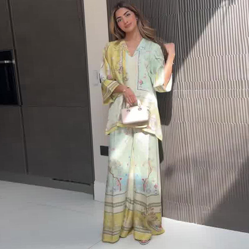 Elegant Printed Two-Piece Set – Top & Wide Leg Pants for Women