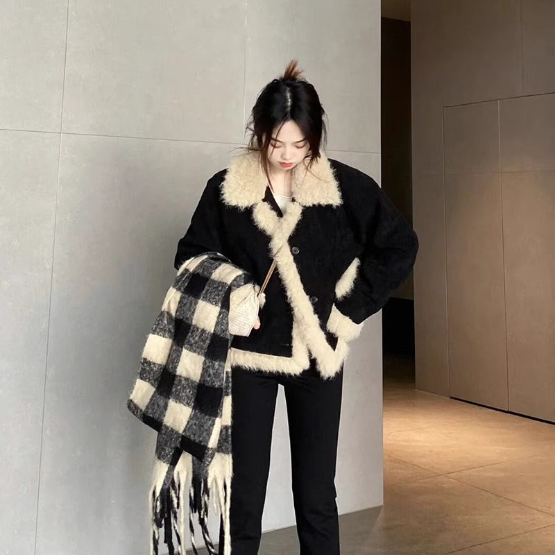 Women’s Lamb Wool Coat | Black Long Sleeve Winter Outerwear
