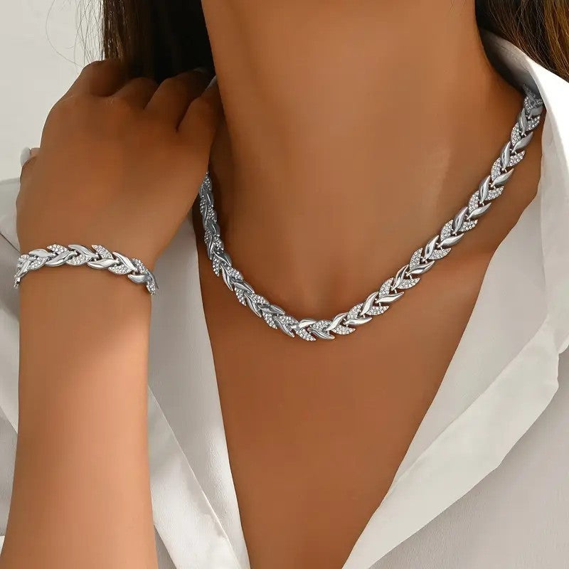 Women's Personality Affordable Luxury Willow Leaf Diamond Bracelet & Necklace Set
