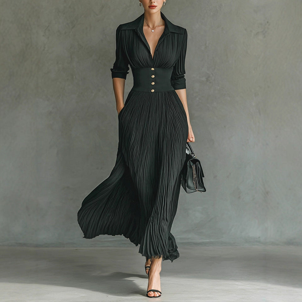 Solid Color Pleated Waist Elegant Bodycon Dress – Women's Chic Outfit