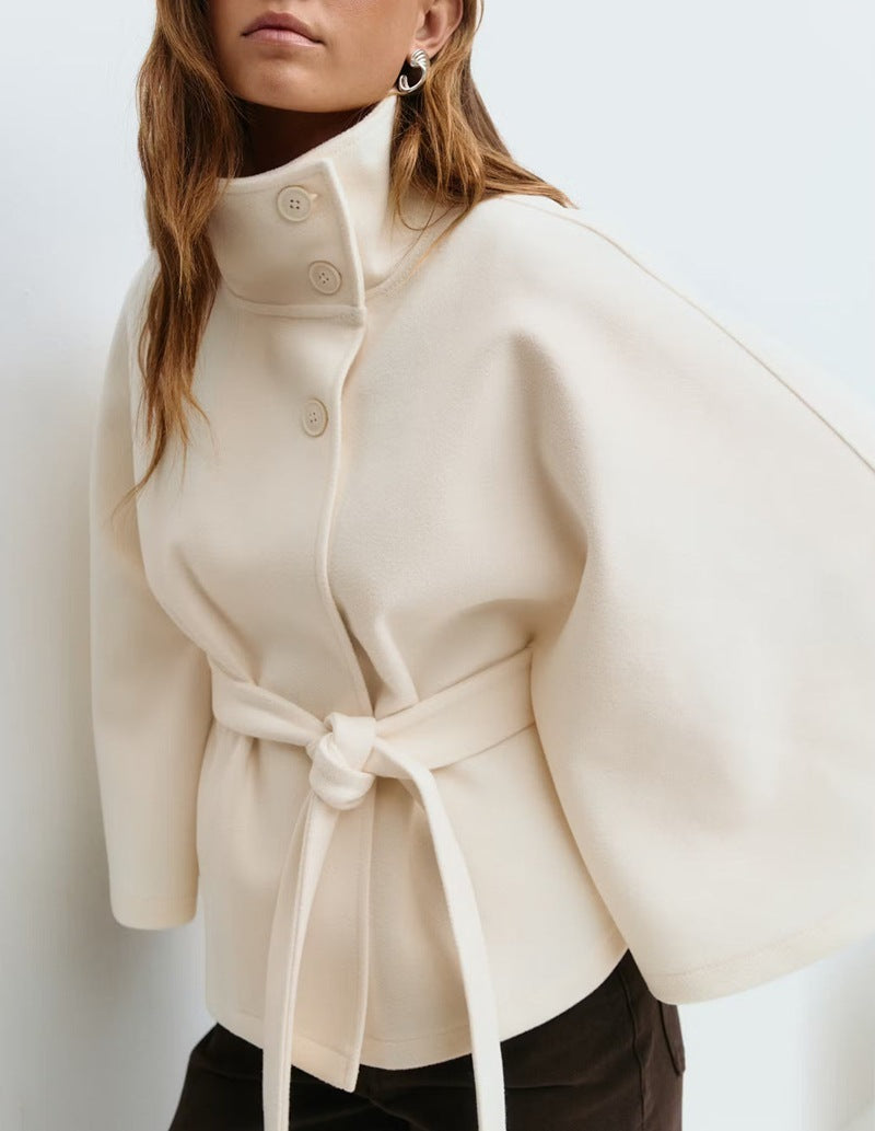 Elegant Belted | High Neck Batwing Sleeve Winter Coat for Women