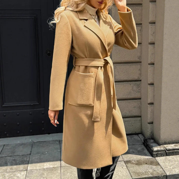 Women’s Woolen Lace Waist-Tied Coat | Elegant Simple Winter Outerwear