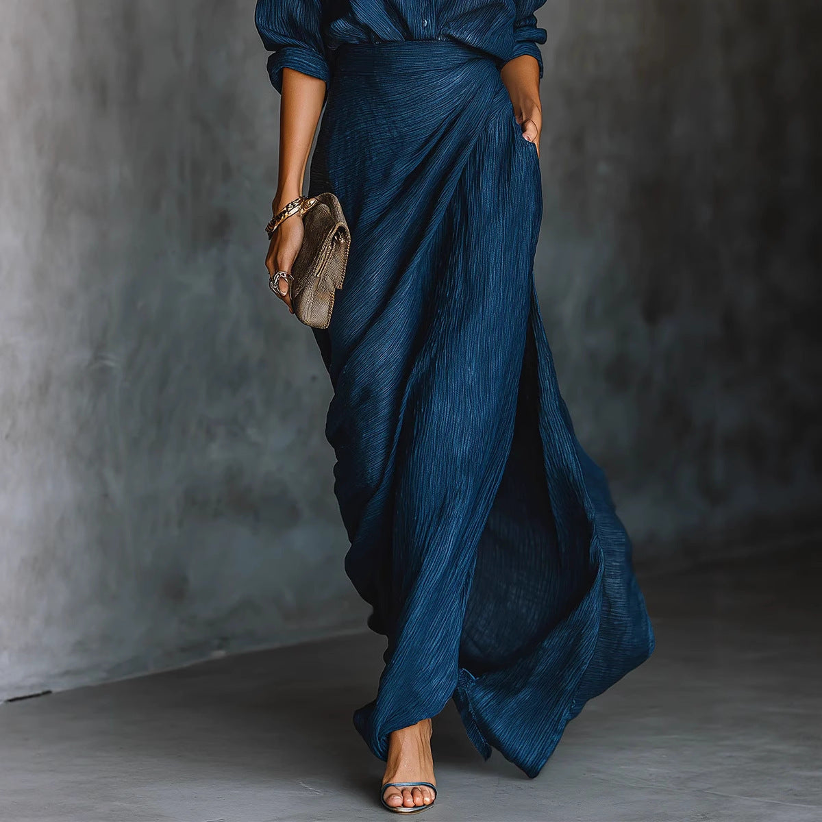 Elegant Pleated Belted Dress – Graceful Solid Color Irregular Hem Design