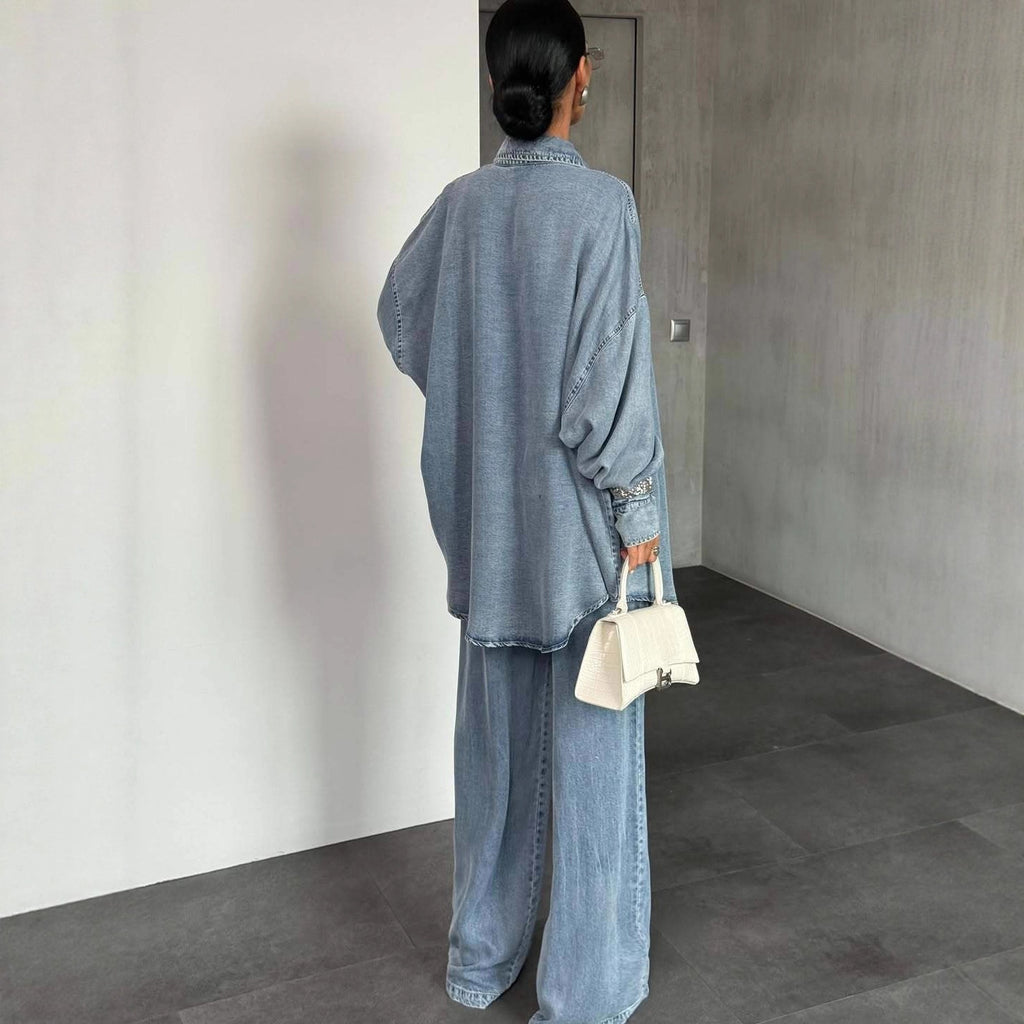 Women’s Denim Button-Up Wide Leg Suit – Long Sleeve Set