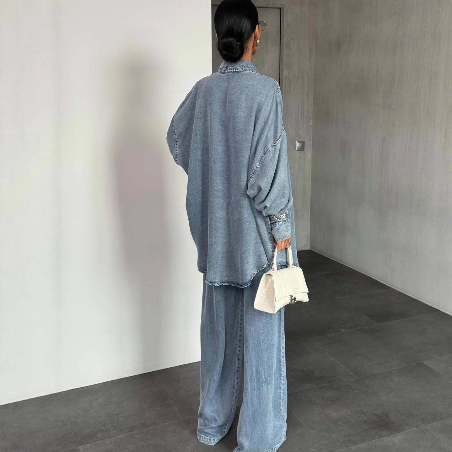 Women’s Denim Button-Up Wide Leg Suit – Long Sleeve Set
