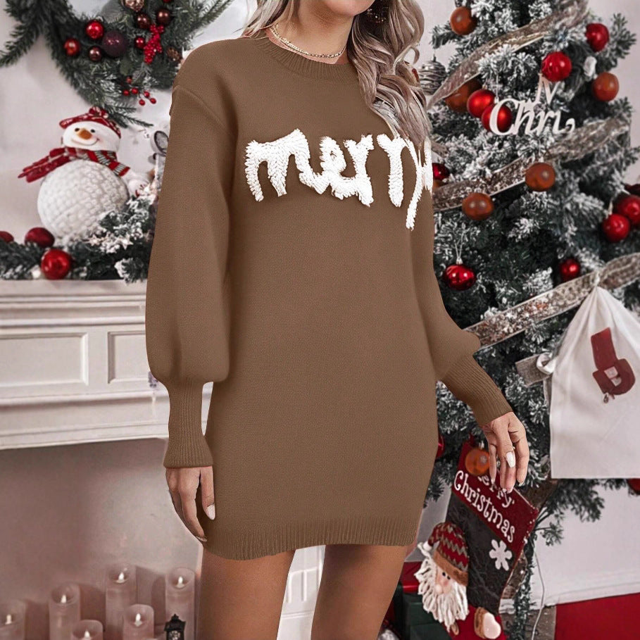 Women’s Christmas Knitted Sweater Dress – Lantern Sleeve Round Neck Winter Dress