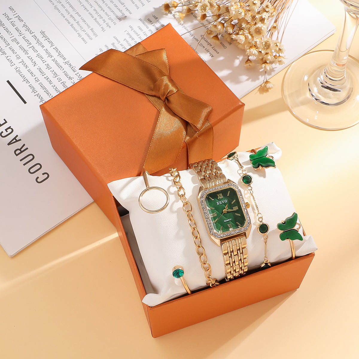Wild Emerald Square Steel Watch & Butterfly Bracelet 5-Piece Gift Set