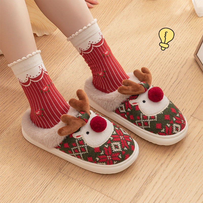 Cute Christmas Elk Plush Slippers – Fuzzy Winter Non-Slip Home Shoes for Women