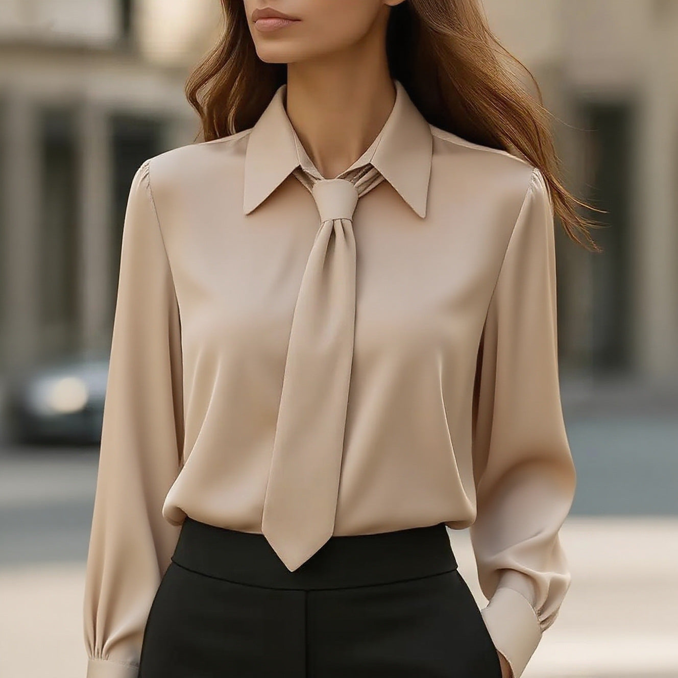 Women’s Classic Tie & Lapel Blouse | Long Sleeve Contrast Color Office Shirt