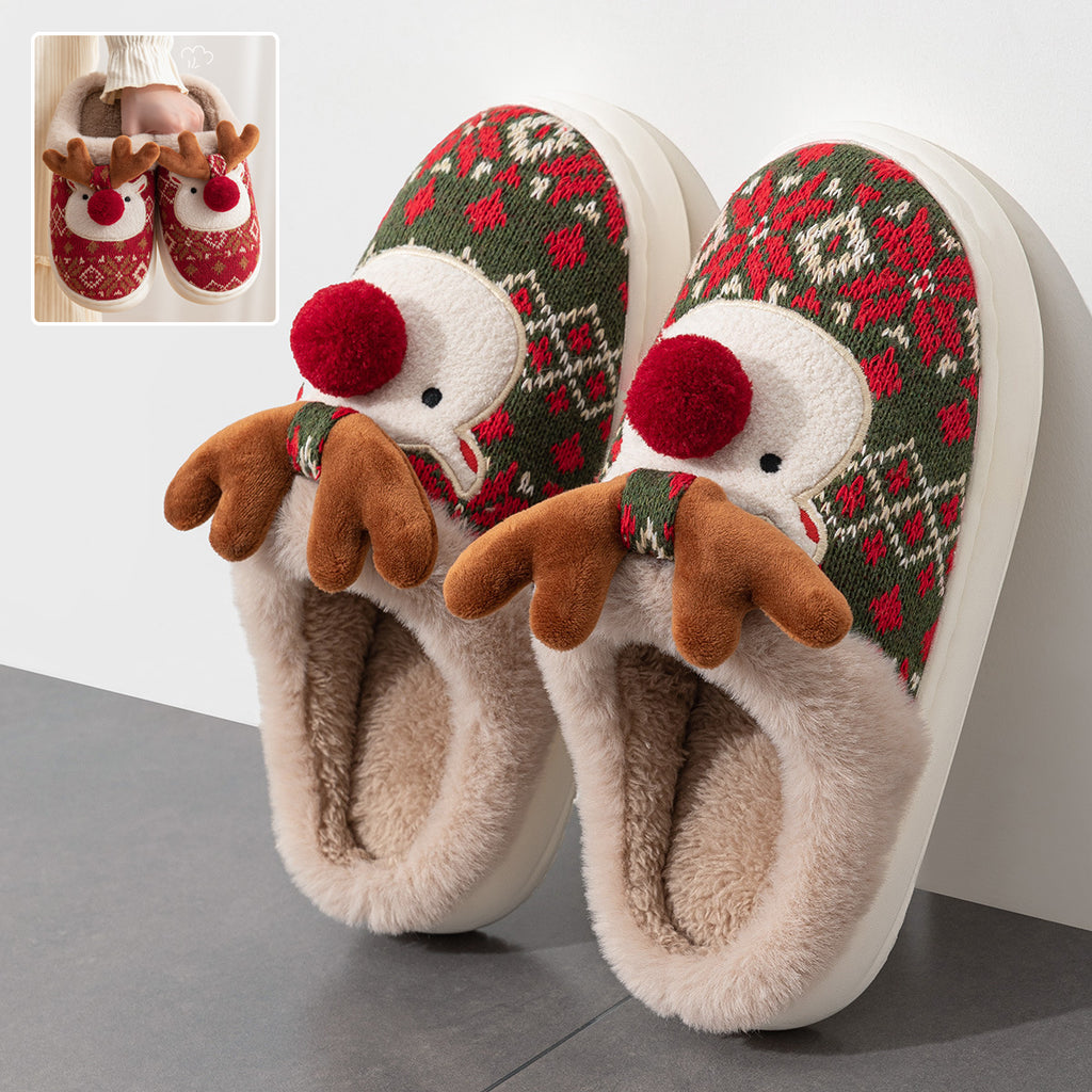 Cute Christmas Elk Plush Slippers – Fuzzy Winter Non-Slip Home Shoes for Women