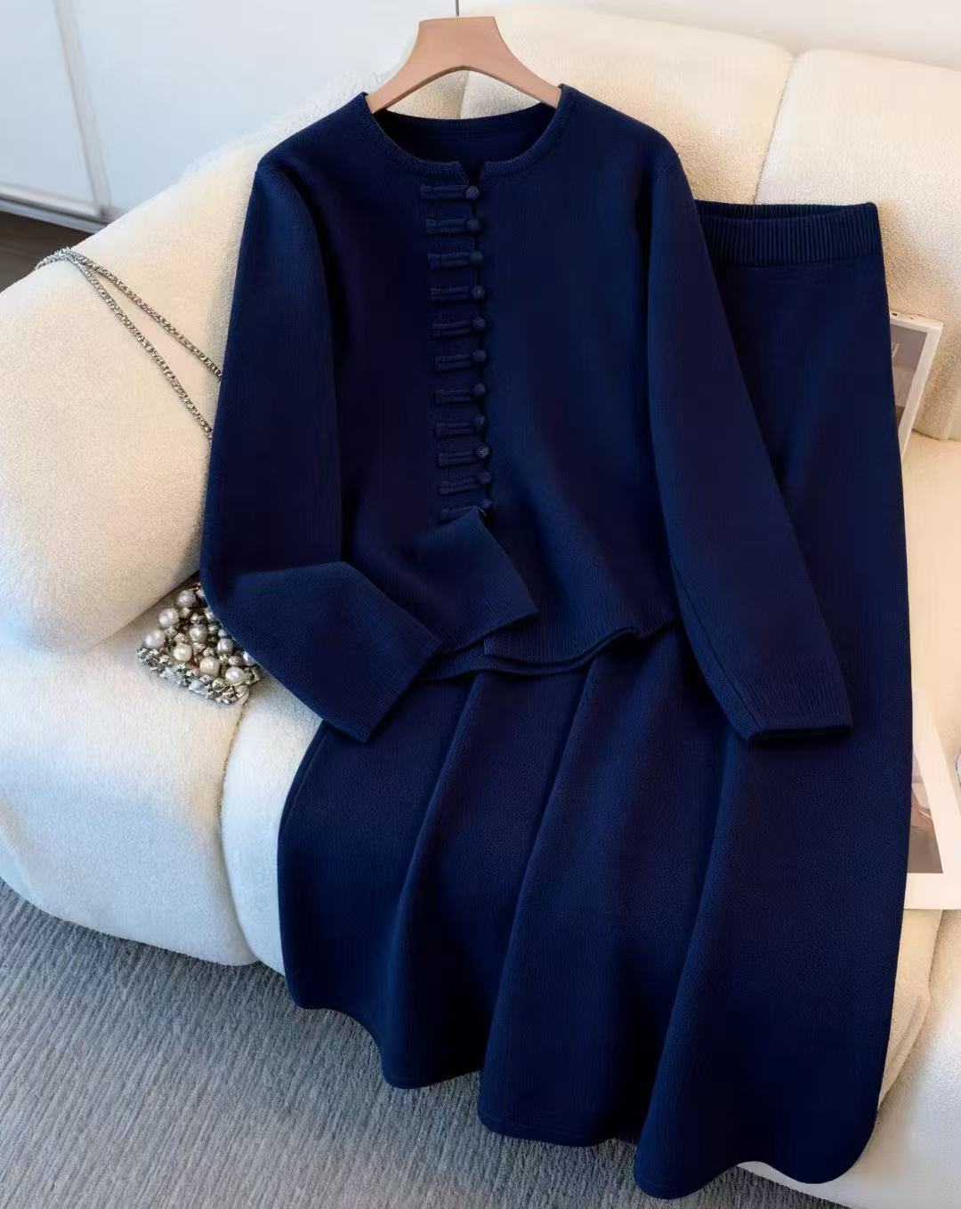 Women’s Chinese-Style Solid Color Sweater & Mid-Length Dress Set