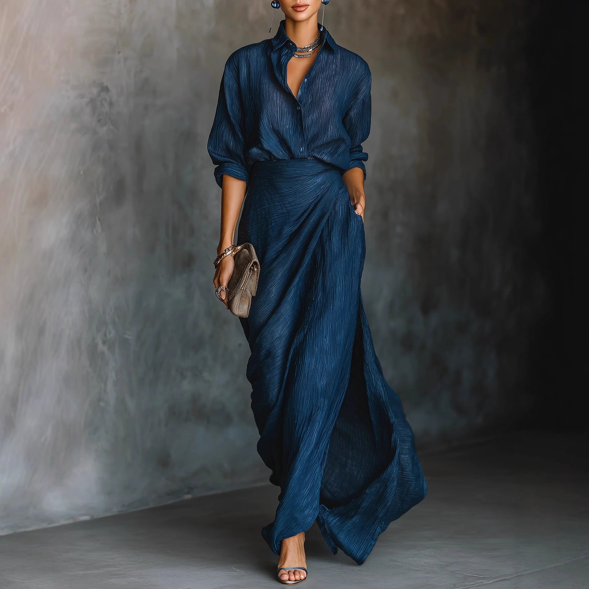 Elegant Pleated Belted Dress – Graceful Solid Color Irregular Hem Design