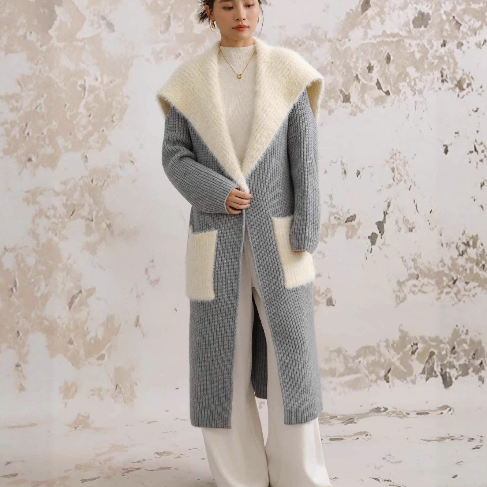 Fur Collar Long Knitted Cardigan – Women's Loose Overcoat Sweater