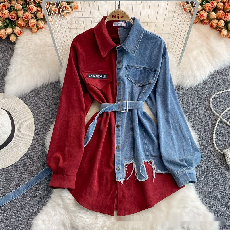 Denim Stitching Lapel Dress | Waist-Slimming Mid-Length Shirt Dress for Women