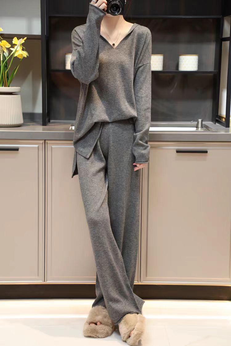 Korean Style Hooded Top & Wide Leg Knitting Pants Set – Casual Suit