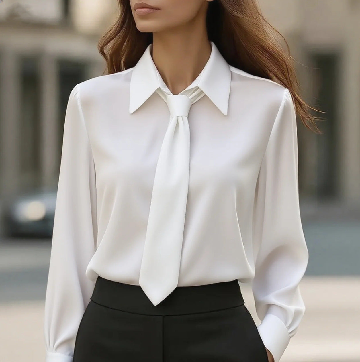 Women’s Classic Tie & Lapel Blouse | Long Sleeve Contrast Color Office Shirt