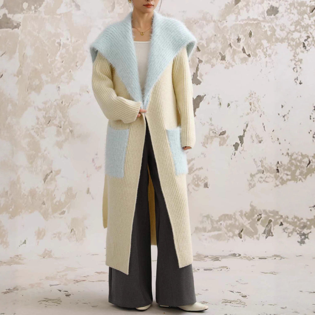 Fur Collar Long Knitted Cardigan – Women's Loose Overcoat Sweater