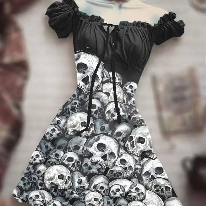 Women’s 3D Skull Print Halloween Dress | Short Sleeve A-Line Party Skirt