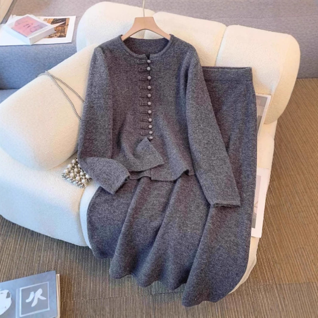 Women’s Chinese-Style Solid Color Sweater & Mid-Length Dress Set