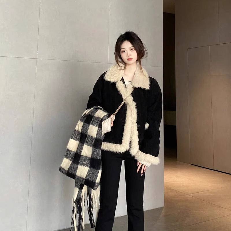 Women’s Lamb Wool Coat | Black Long Sleeve Winter Outerwear