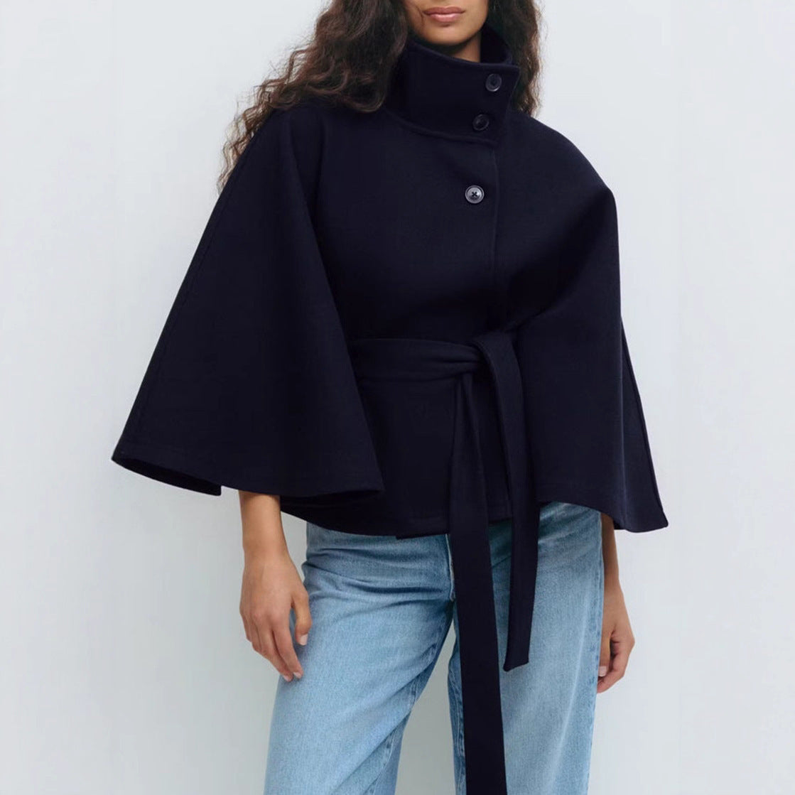 Elegant Belted | High Neck Batwing Sleeve Winter Coat for Women