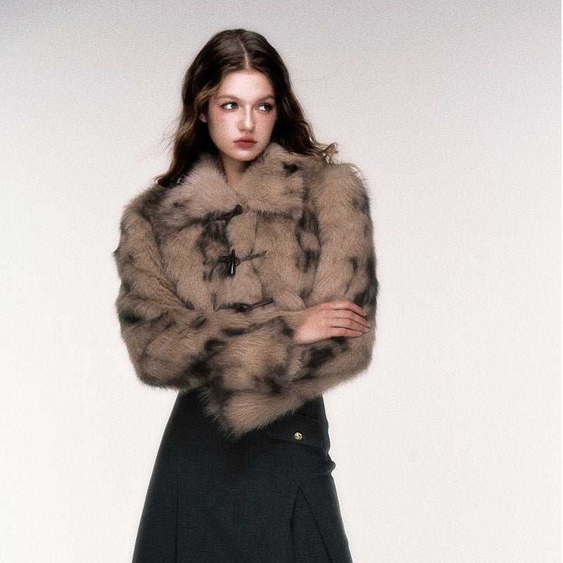 Women’s Retro Leopard Print Faux Fur Coat | Short Horn Button Jacket