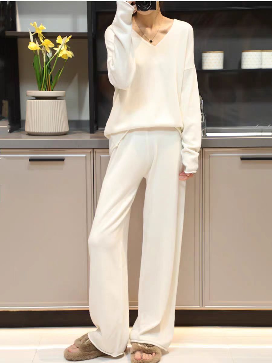 Korean Style Hooded Top & Wide Leg Knitting Pants Set – Casual Suit