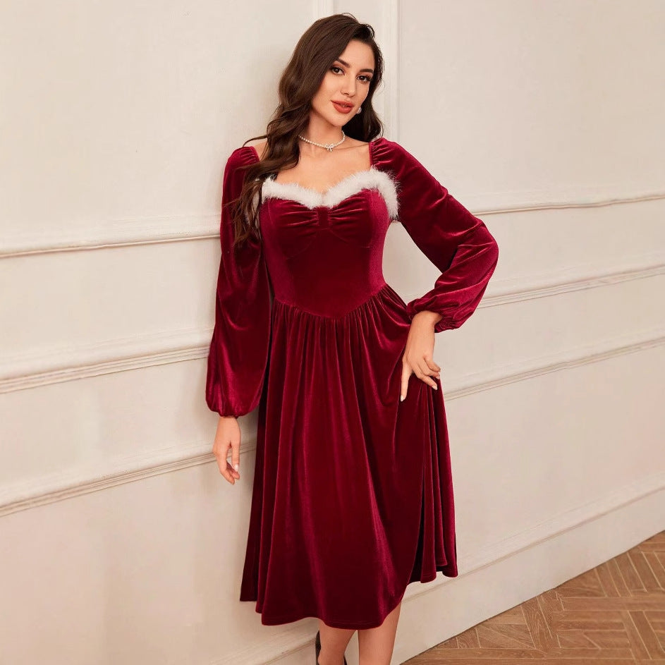 Women’s Vintage Red Velvet Christmas Party Dress – Elegant Long Sleeve Square Collar