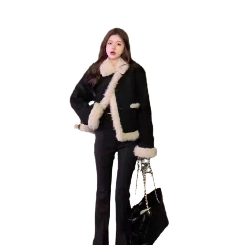 Women’s Lamb Wool Coat | Black Long Sleeve Winter Outerwear